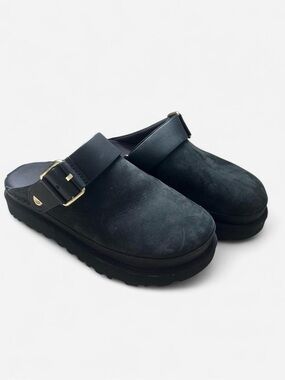 UGG Black Suede Clog Mules with Adjustable Buckle